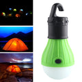 Compact blue portable LED camping light with hanging hook showing three light mode buttons.
