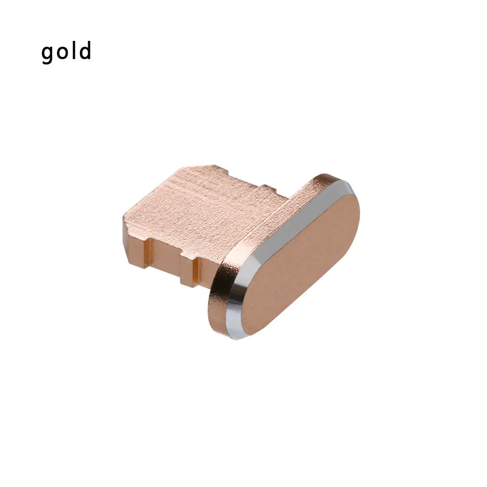 Aluminium alloy dust plug for iPhone charging port in various colours including gold and black.