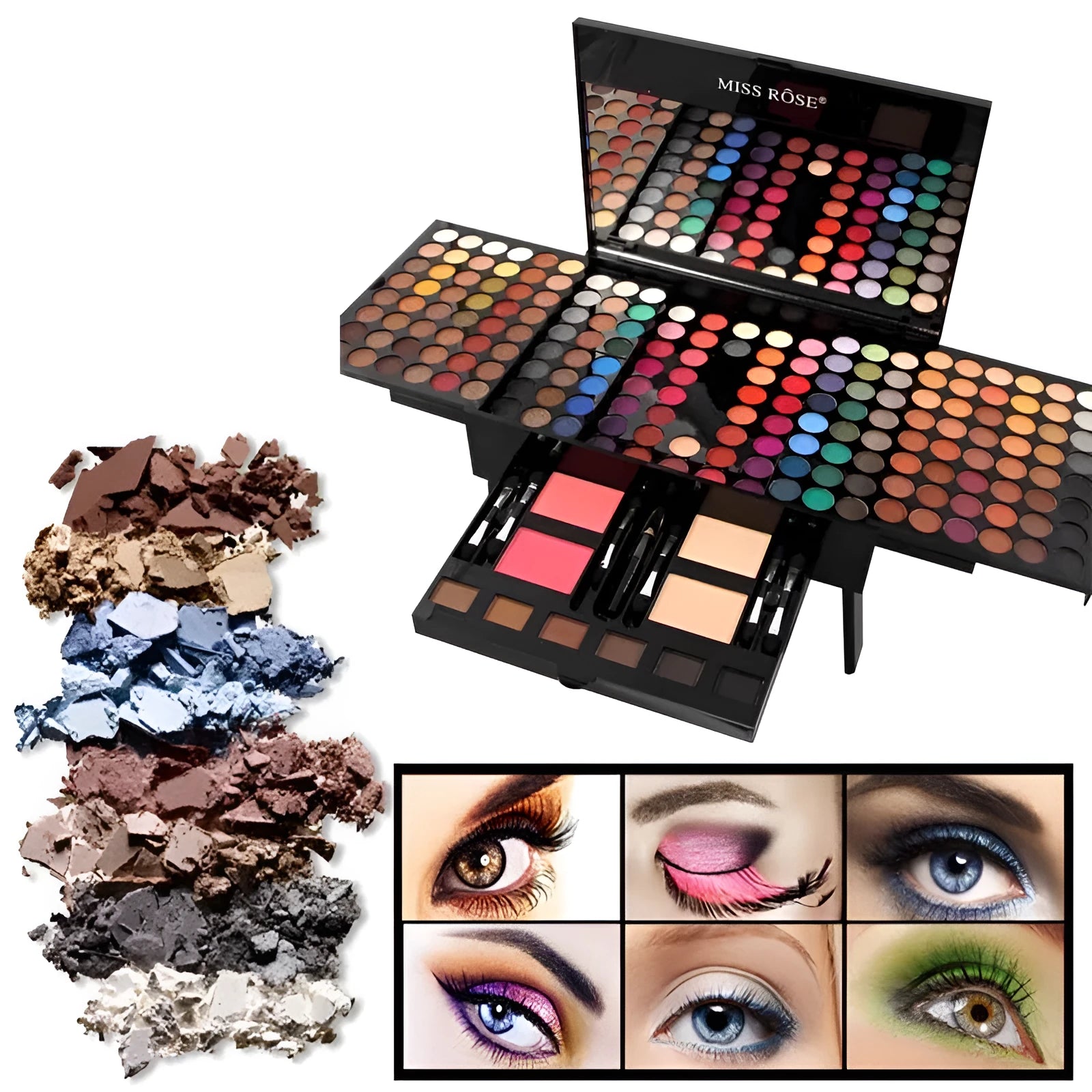 Piano-shaped makeup palette open showing 190 powder pans including eyeshadows, blushers and contour powders
