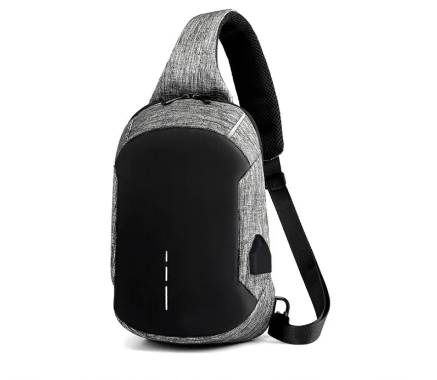 Dark blue Oxford cloth waterproof chest bag with zipper and outer pocket, shown with a phone inside.