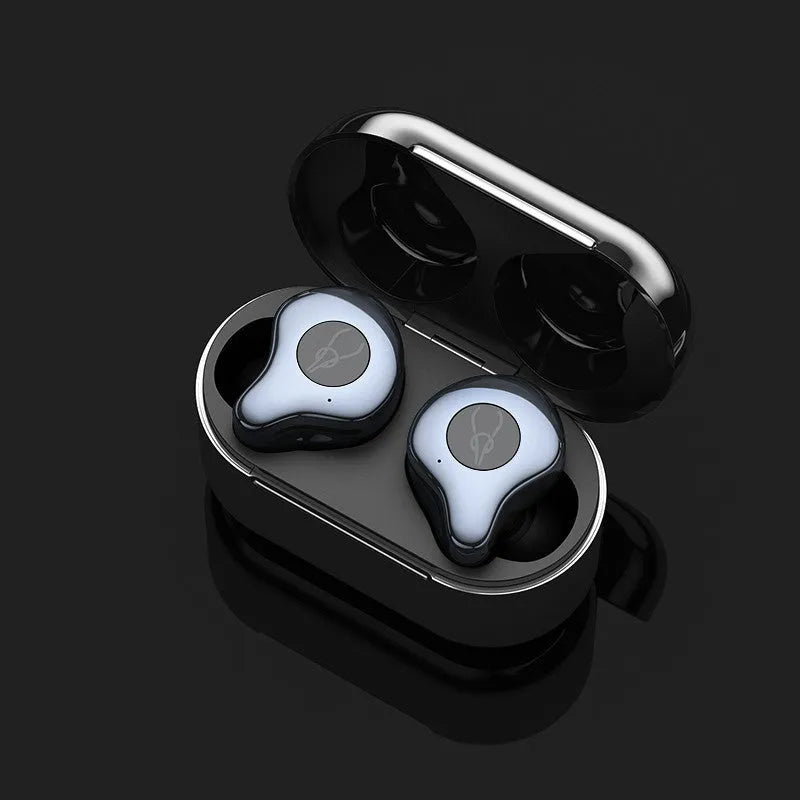 Wireless TWS Bluetooth earbuds and charging case in one of six colours: Coffee, Coppery, Grey, Purple, Red, or Silver.
