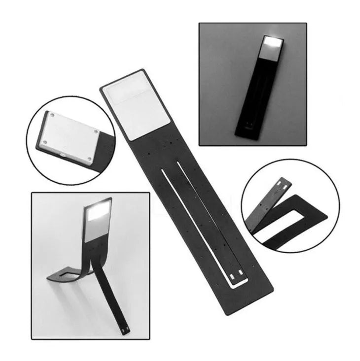 Black folding LED reading lamp with USB charging port and adjustable brightness settings
