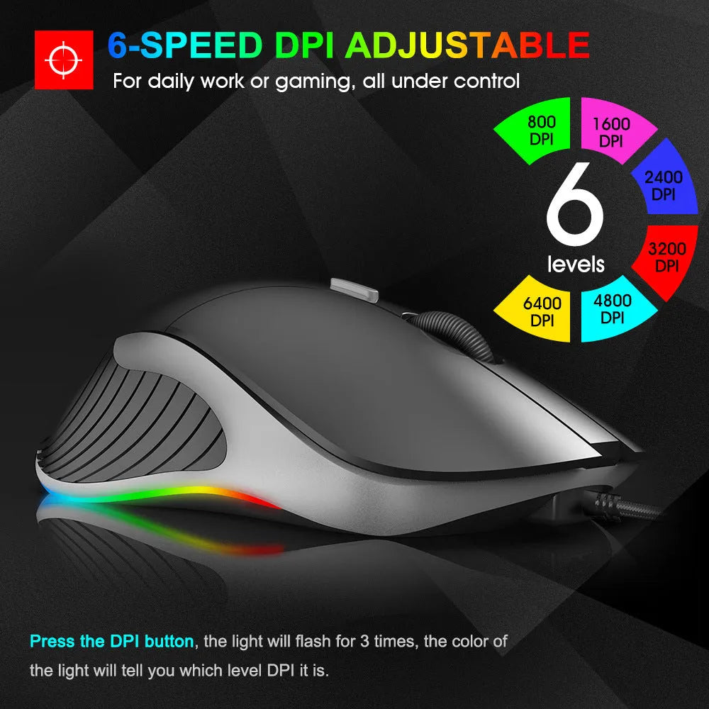 LED gaming mouse 6400 DPI USB wired ergonomic with seven buttons and scroll wheel