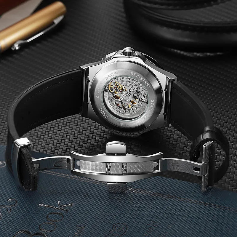 Men's automatic mechanical watch with hollow movement, diamond studs, and white shell case.