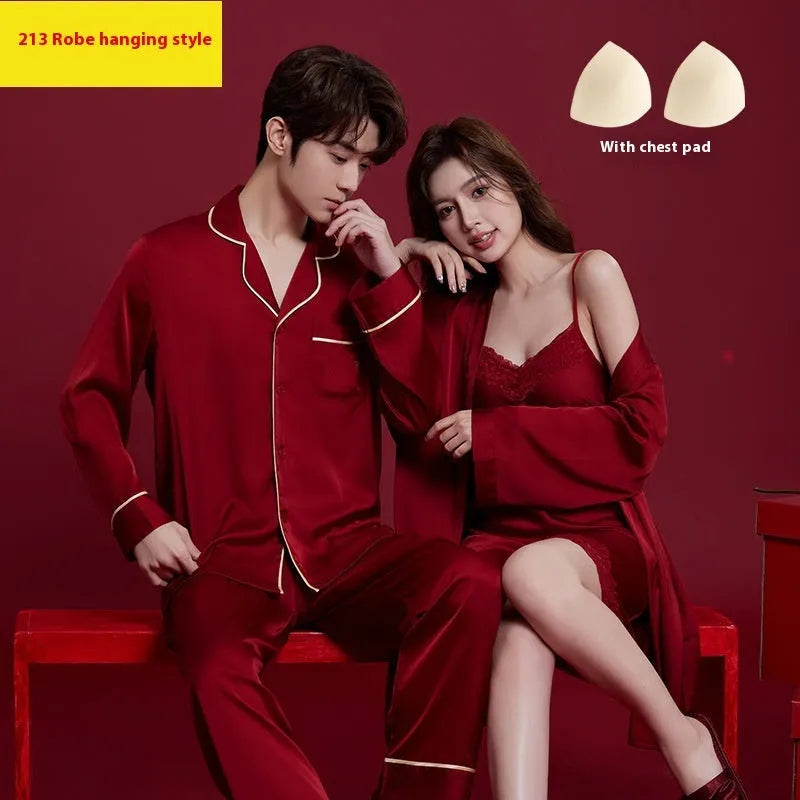 Red matching men's and women's ice silk sleepwear set with long sleeves and trousers.