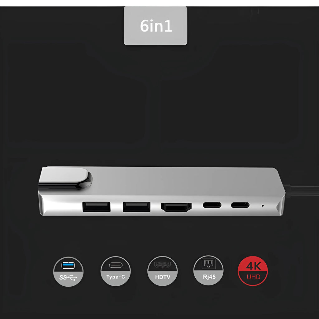 6-in-1 USB C hub, metal grey, with HDMI 4K 30Hz, two USB 3.0, two USB-C PD, and RJ45 Ethernet ports