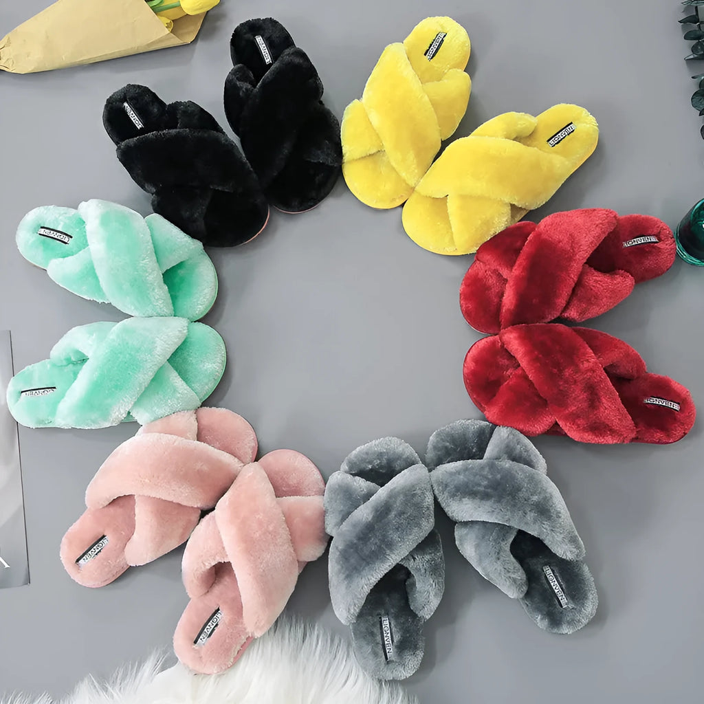 Women's cross strap open-toe fur slippers with non-slip rubber soles in multiple colour options