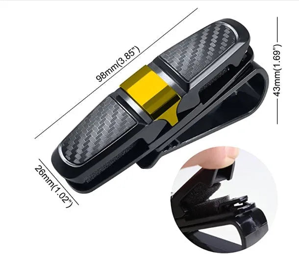 Car sun visor sunglasses clip with carbon fiber finish and double clip design holding glasses and cards