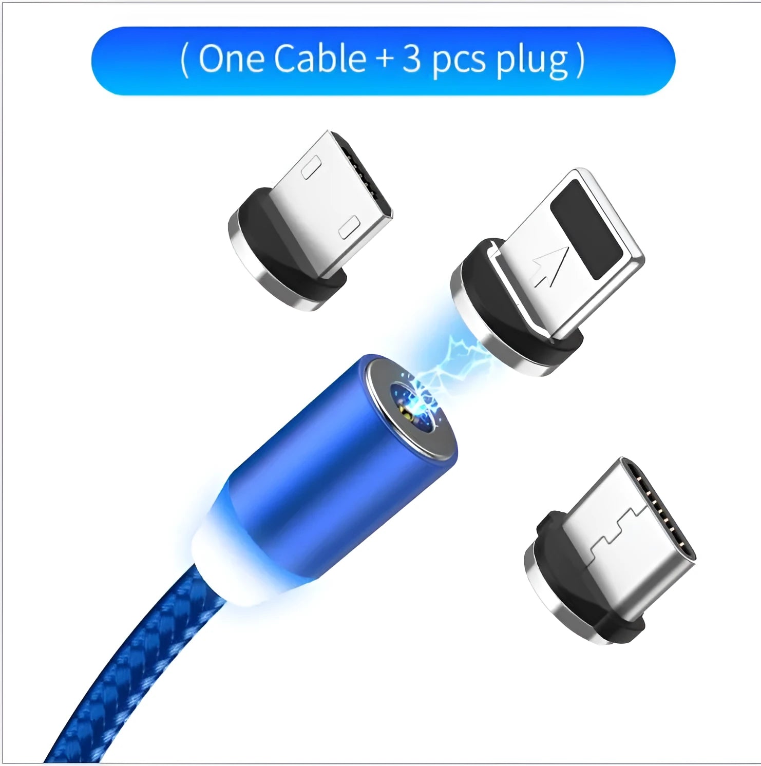 Black cotton braided magnetic charging cable with LED light and three-in-one plug for iPhone and Android phones