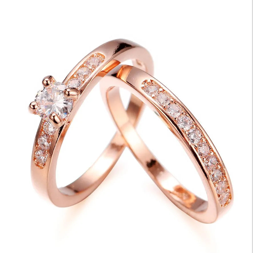 Rose gold ring with diamonds on a copper band, available in US sizes 5 to 12