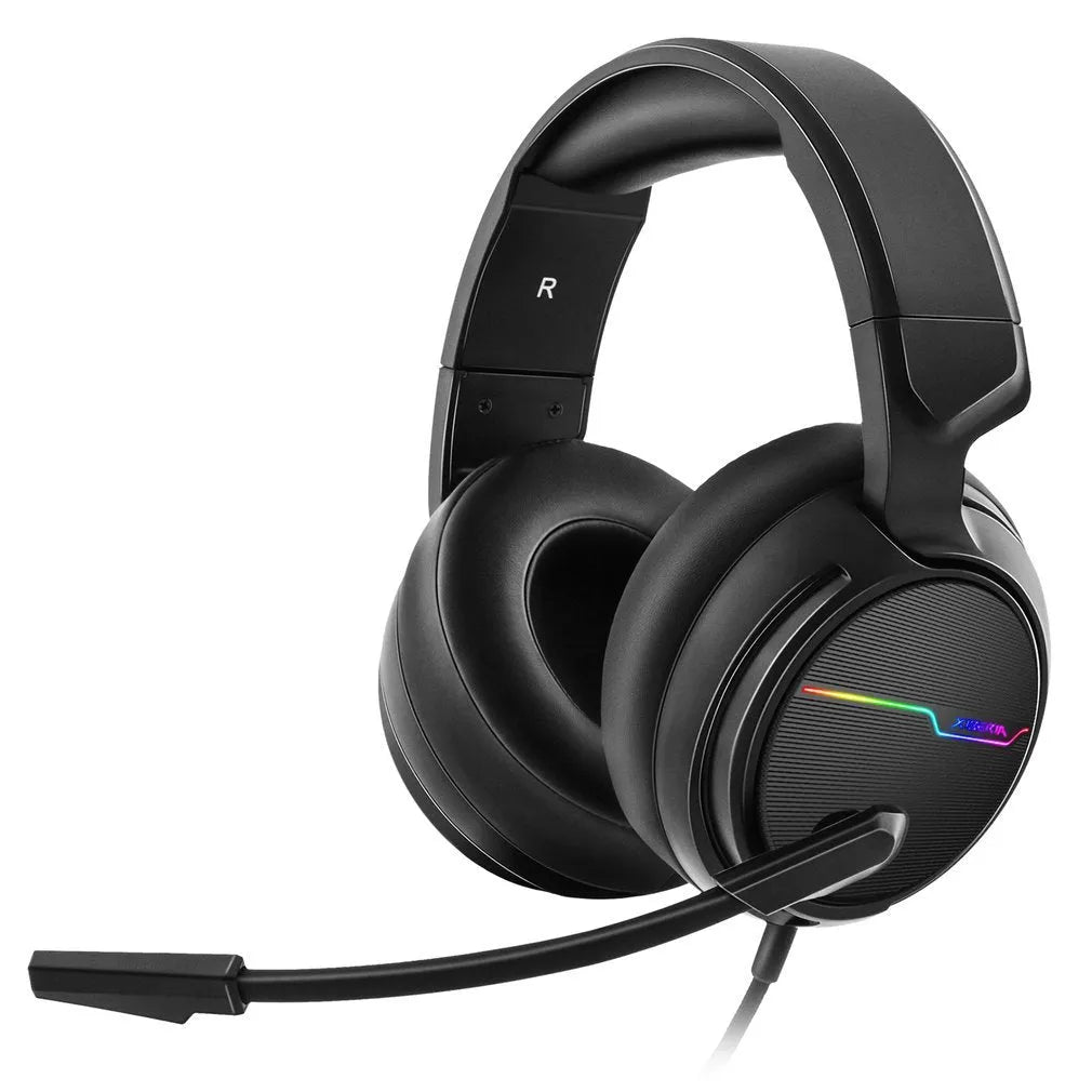Siberian V20 black gaming headset with 50mm speakers and 7 colour light vibration on a desk