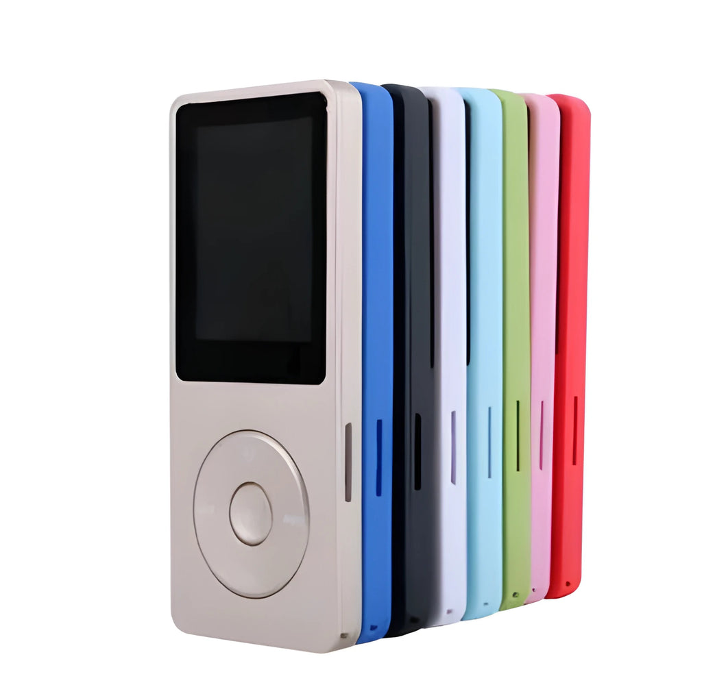 Slim black MP4 player with a 1.8 inch colour screen showing a music menu, placed next of headphones.