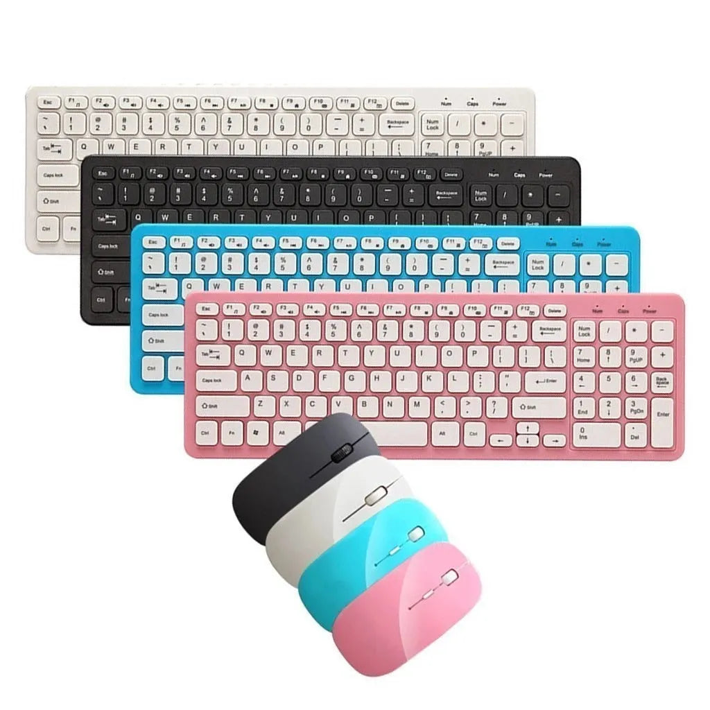 Wireless keyboard and mouse set in choice of colours with USB receiver on desk