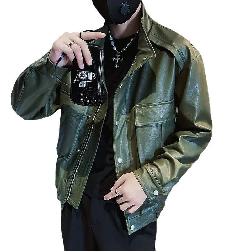 Men's black Korean-style PU leather jacket with straight hem and side pockets for spring autumn wear