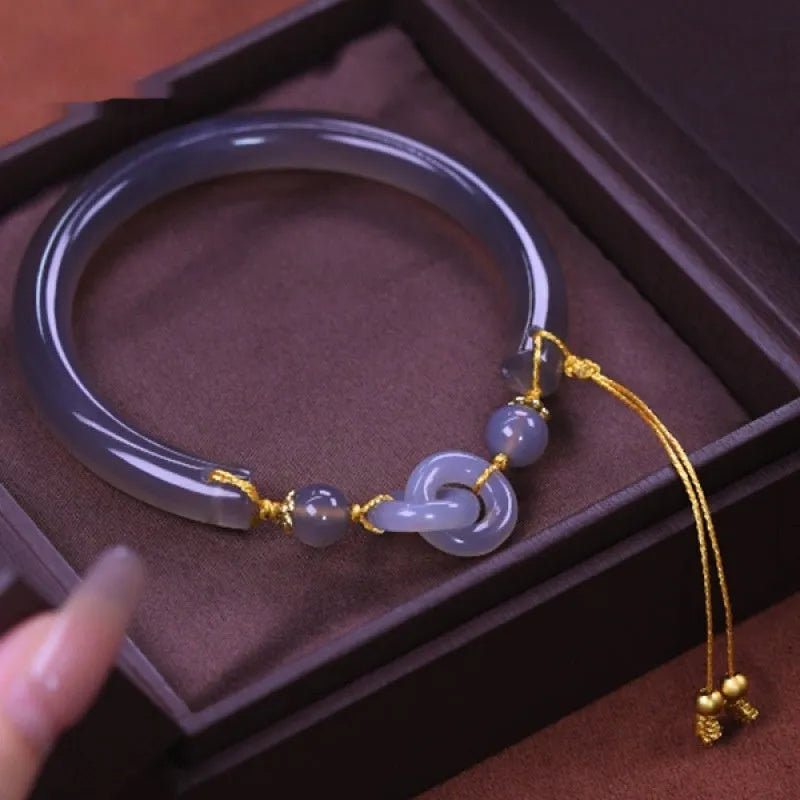 Smoke purple agate half bracelet with ring buckle clasp in grey retro style