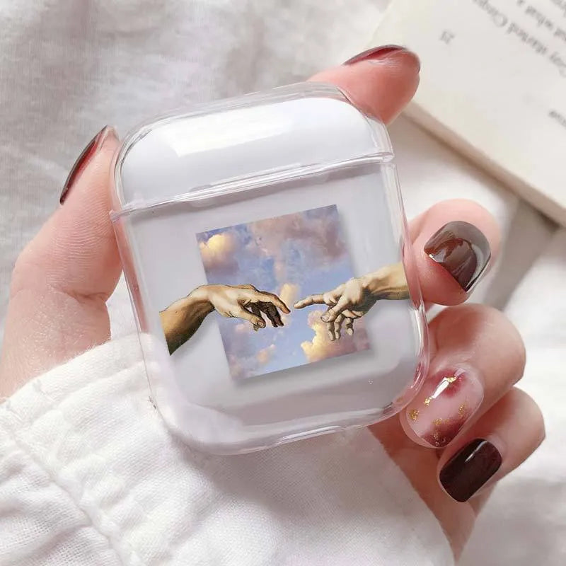 Transparent plastic AirPods protective cover showing compatible AirPods visible through clear material