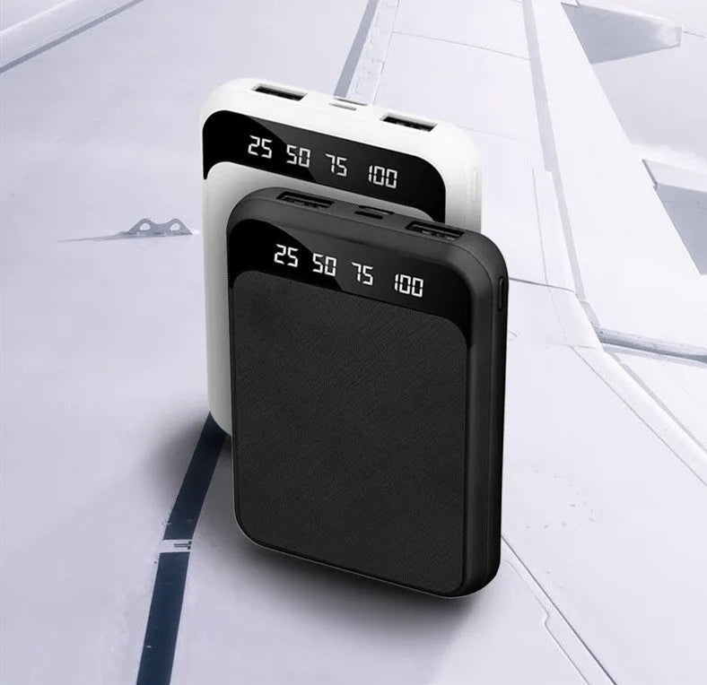 10000mAh power bank with LCD display, 93 × 63 × 23mm, in black, white, pink or blue