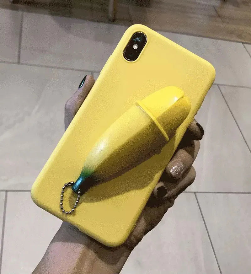 Banana yellow silicone iPhone case with unzip design detail showing anti-slip texture