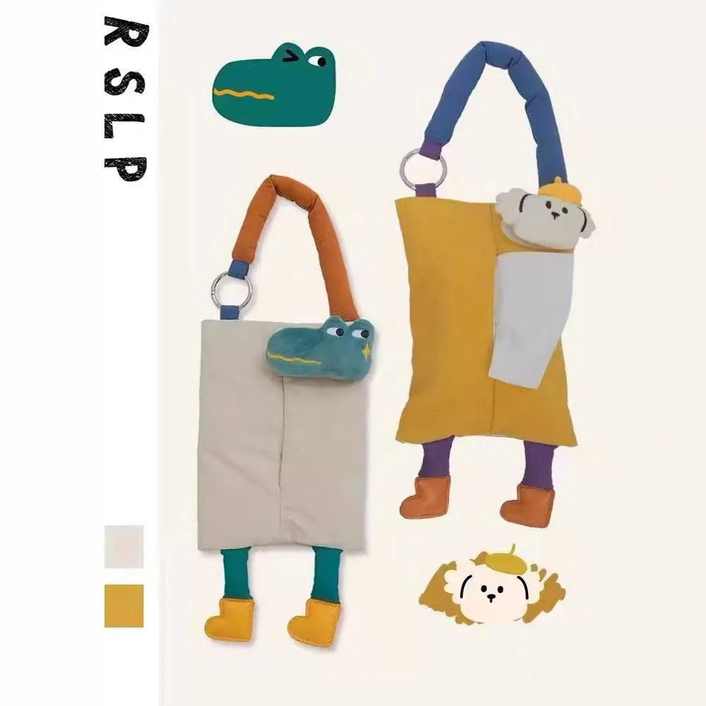 Hanging plush tissue buggy bag in baby crocodile design measuring 25x19cm