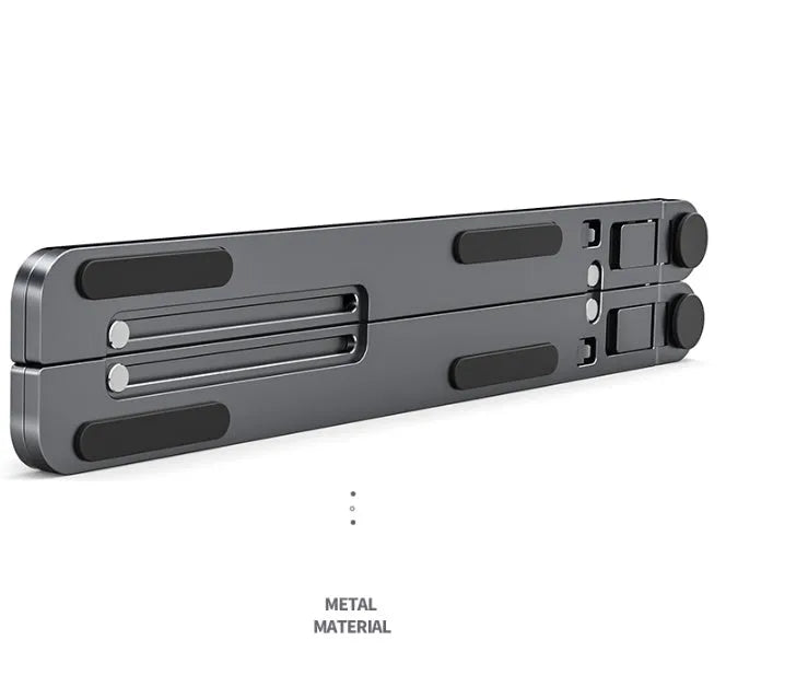 Foldable aluminium laptop stand in silver, shown open at an angle and folded flat.