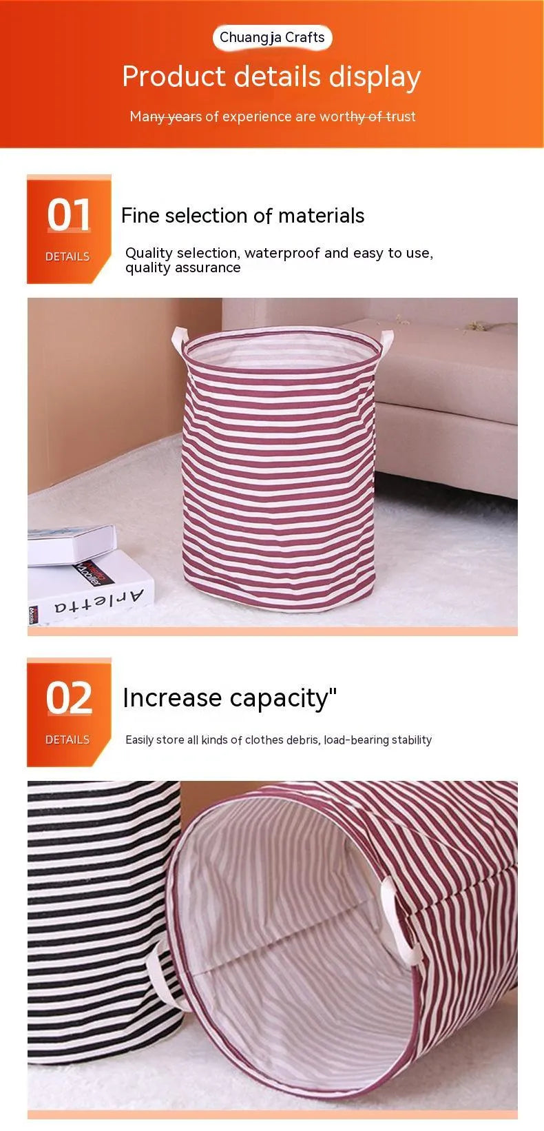 Striped cotton and linen storage basket, 40 x 50cm, with double handles, shown in black or red for laundry, toys or household use.