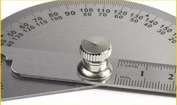 Adjustable plastic protractor showing 0-180 degree measurement scale with solid and hollow-large design options