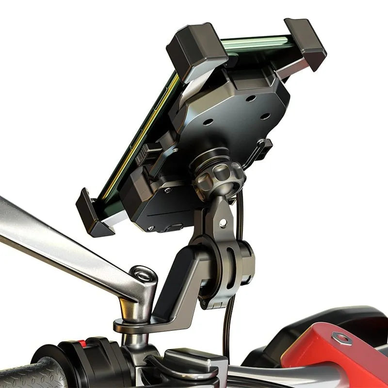Black plastic motorcycle phone holder with wireless charging and 360-degree rotation mounted on a handlebar