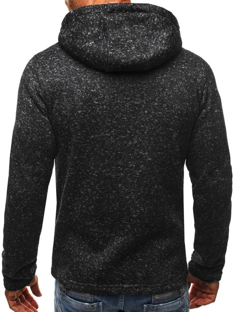 Men's grey hoodie with zip closure, hood, and O-neck collar, polyester cotton blend, sizes M to XXXL