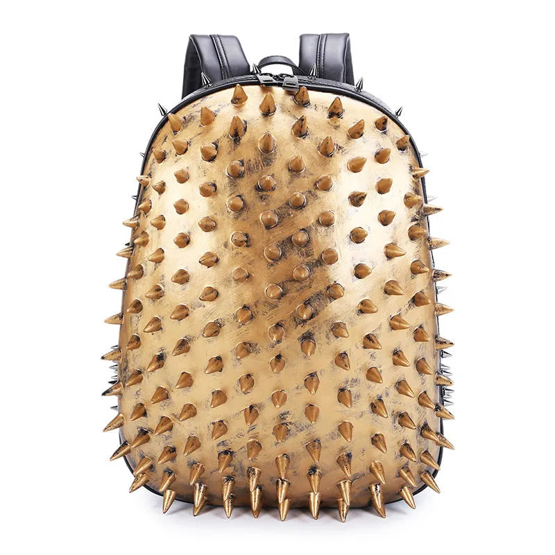 Women's oval black punk rock style travel backpack with hollow-out details and air cushion straps.
