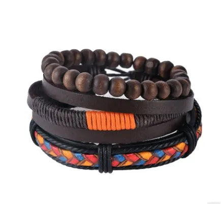 Adjustable leather wrap bracelet with wooden beads and multilayered rope design