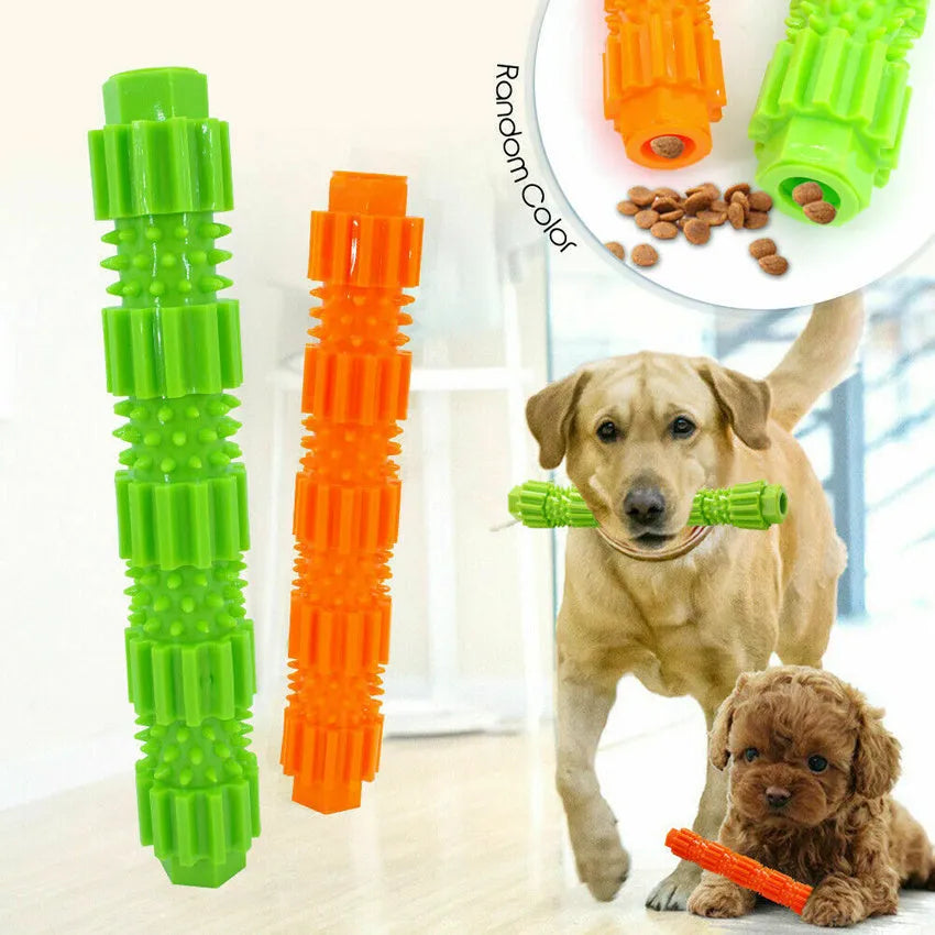 Green and orange durable rubber dog chew toy with treat hole and squeaker for aggressive chewers