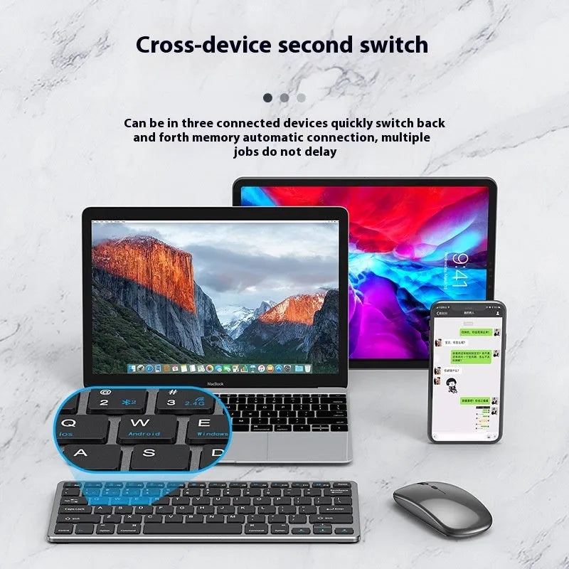 Black ultra-thin rechargeable wireless keyboard and photoelectric mouse combo set with USB receiver on a desk.