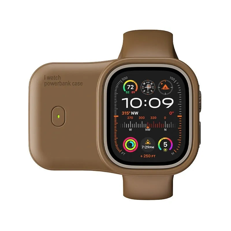 Apple Watch portable charging case with silicone protective case in Brown, Midnight Blue, and Starlight colours