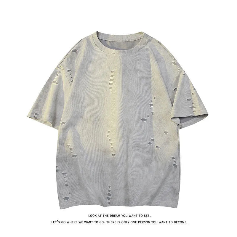 Men's loose fit blue cotton blend short sleeve T-shirt on a hanger
