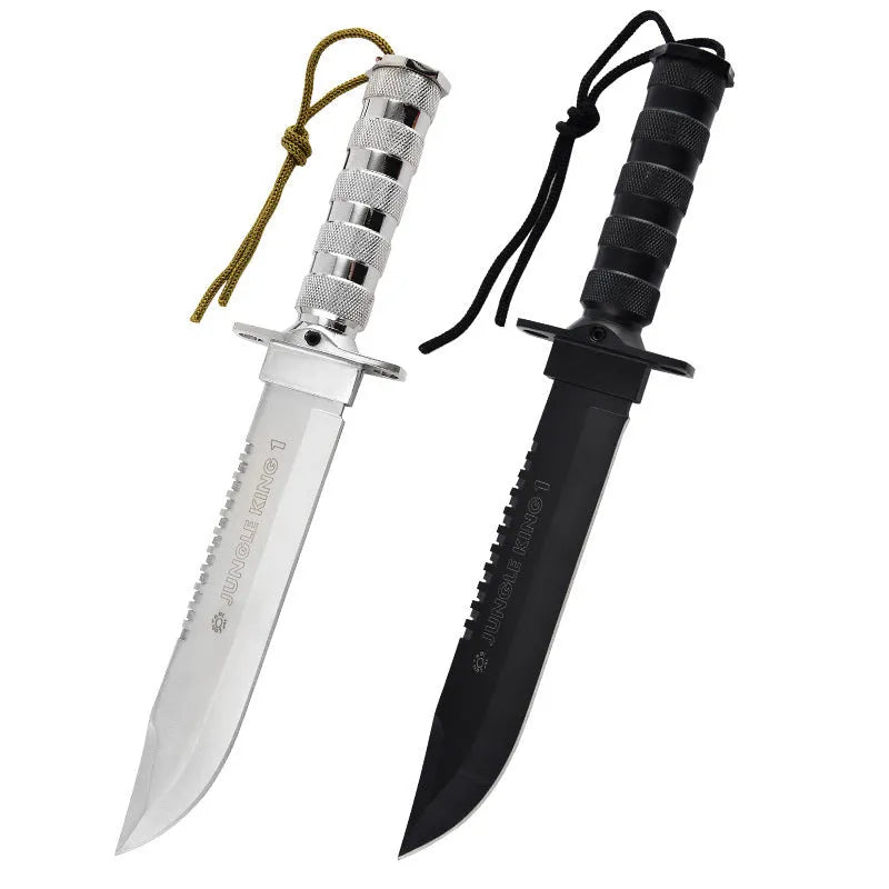 Keel multifunctional small straight tactical knife with 8Cr19MoV steel blade and aluminium alloy handle on neutral background