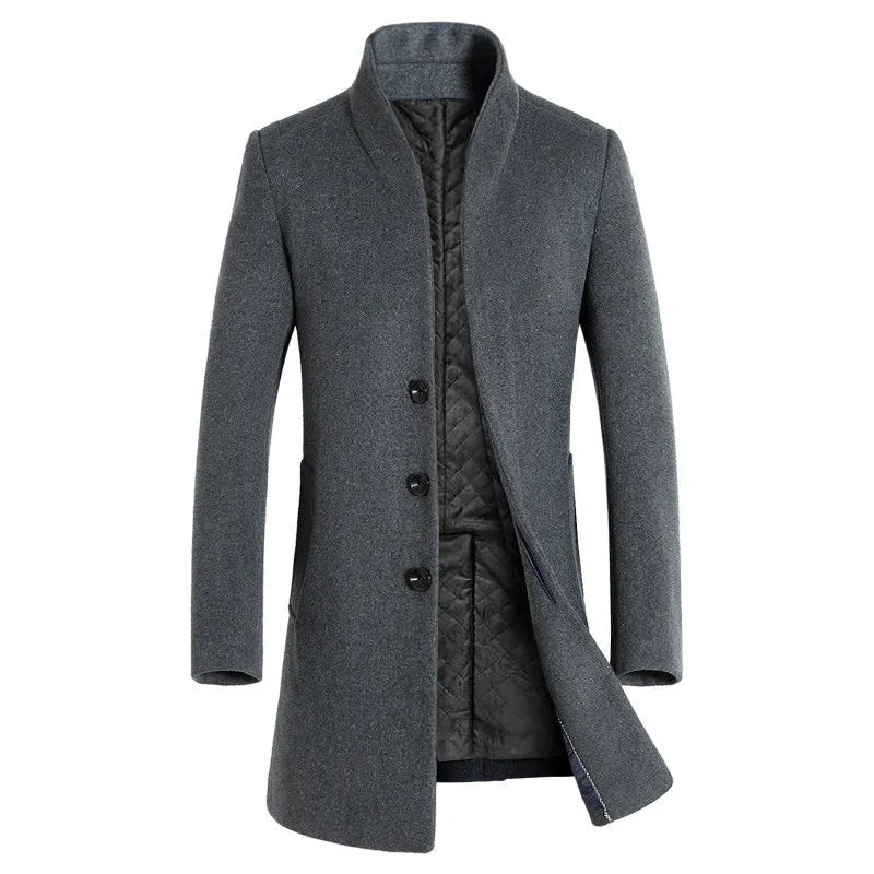Men's long woolen trench coat in dark navy double-breasted with notch lapel