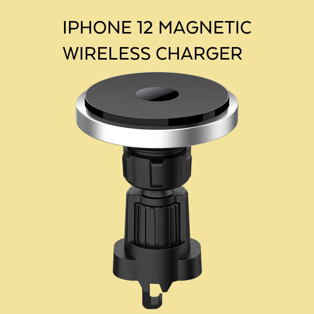 Magnetic wireless car charger for iPhone 12, aluminium alloy body, black silver gold border, 64mm diameter
