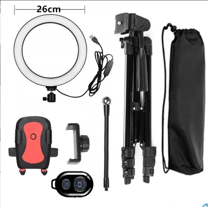 Adjustable live phone stand with flexible gooseneck arm extended, holding a smartphone on a heavy base.