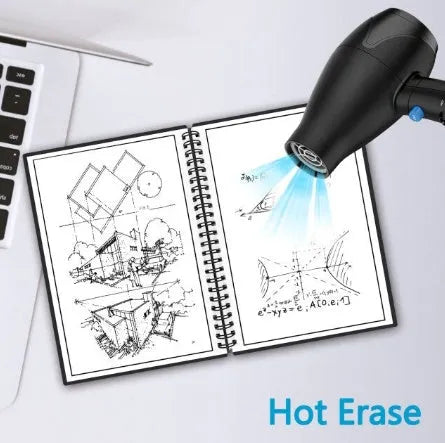 Rewritable paper notebook with black PP cover, spiral binding, and pen on a desk