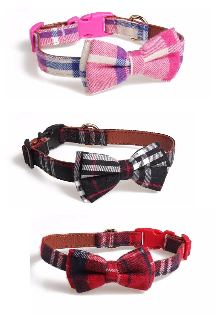 Adjustable bowknot traction dog collar in cotton and PU leather with lattice pattern on white background