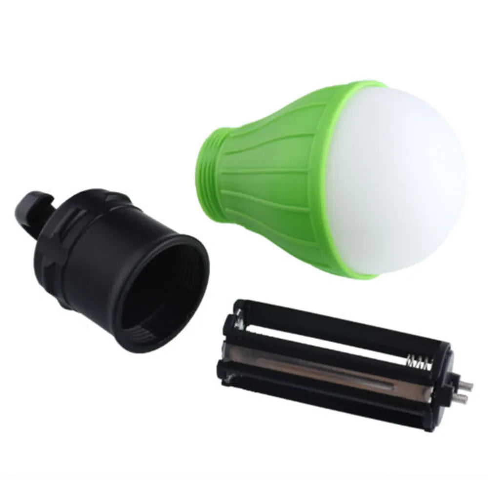 Compact blue portable LED camping light with hanging hook showing three light mode buttons.