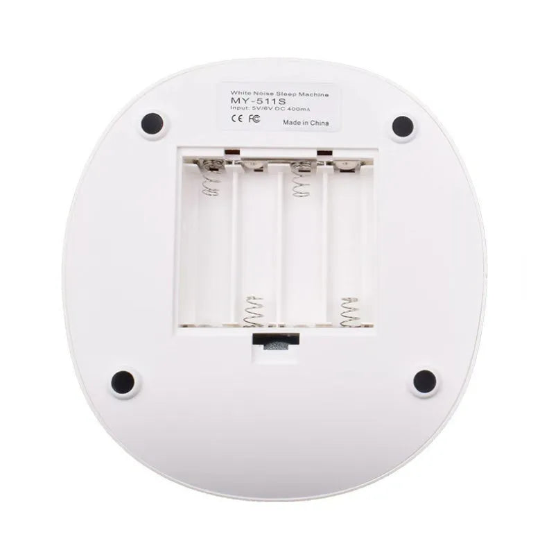 White noise machine with 9 sounds, timer, volume knob and USB cable, white colour, 16.5 x 16 x 6.3 cm