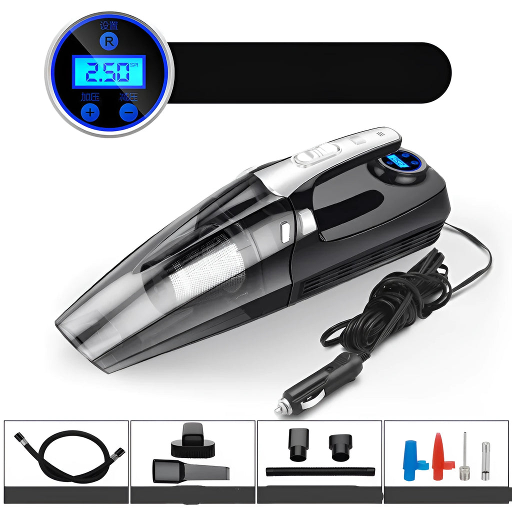Four-in-one wireless car vacuum cleaner and air pump with ABS plastic body and digital gauge