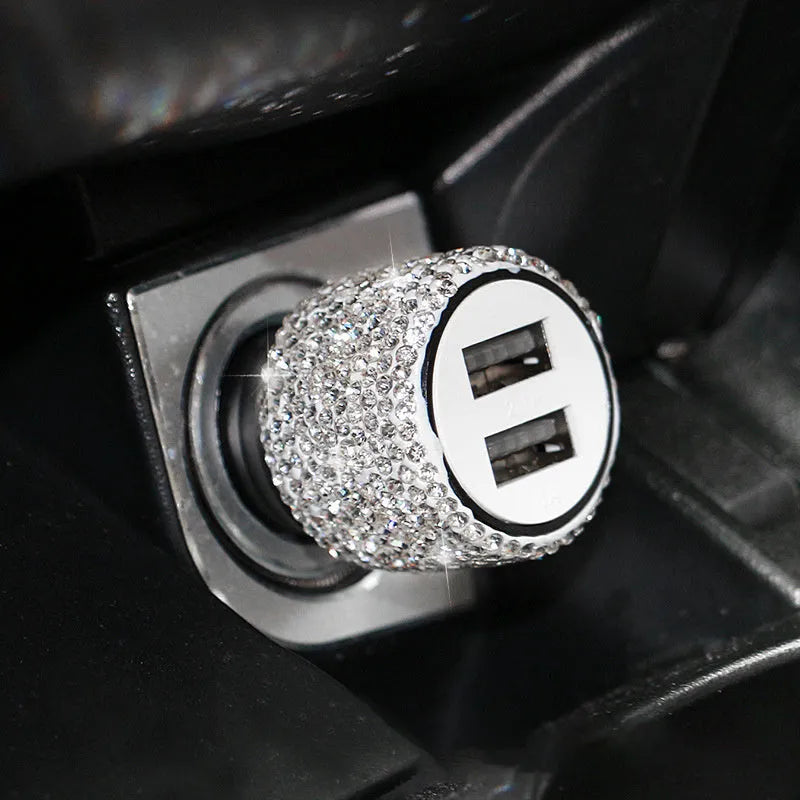 Diamond-pattern car charger for cigarette lighter socket in red, black, pink, white, and AB colour options.
