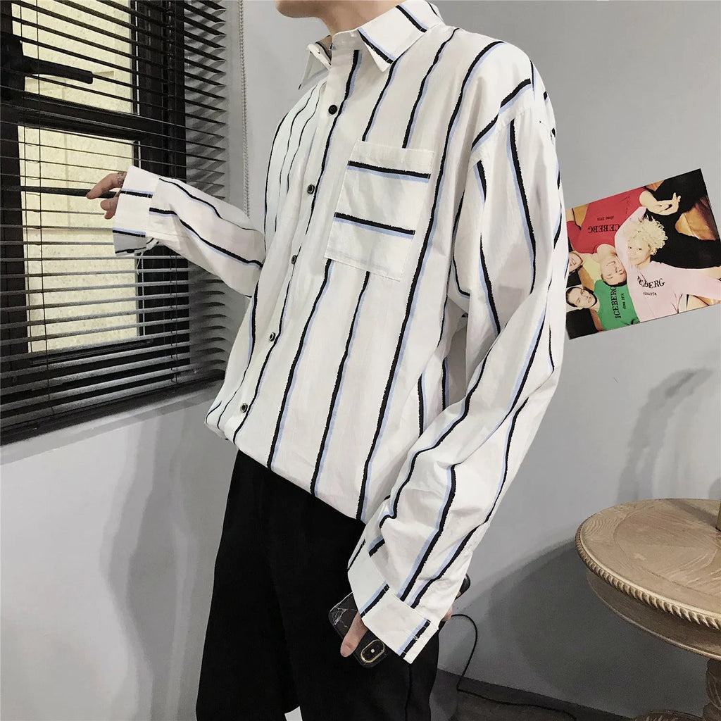 Men's casual loose striped cotton shirt in blue and red, sizes M to 5XL for relaxed everyday wear