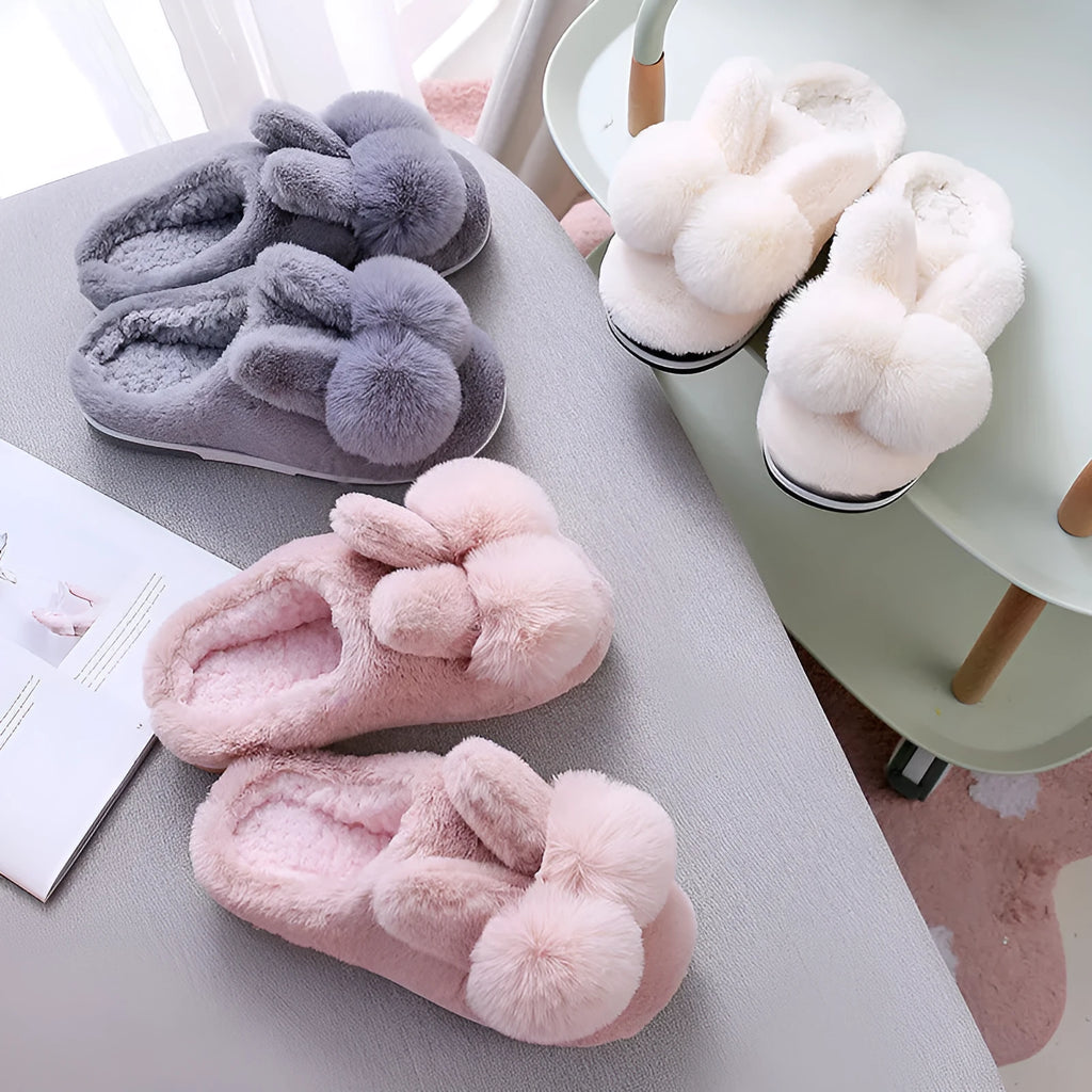 Women's rabbit fur winter slippers with high upper design and floral detail