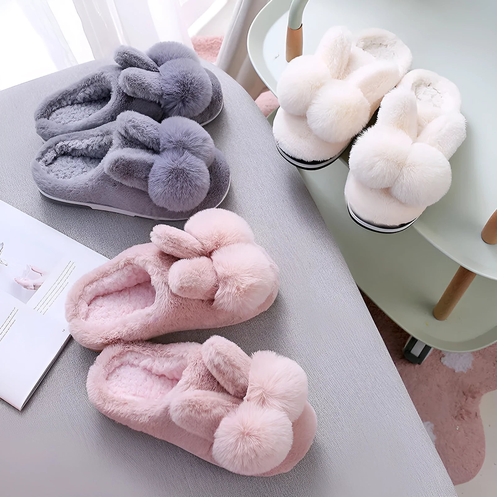 Women's rabbit fur winter slippers with high upper design and floral detail