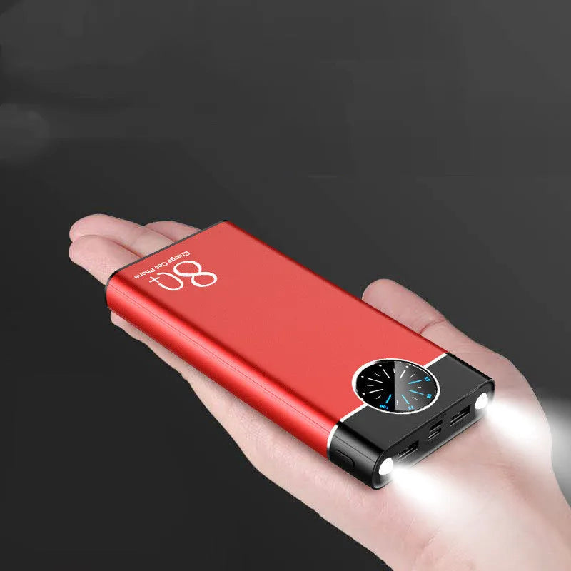 20000mAh alloy-shell power bank in black, red or blue with LED flashlight