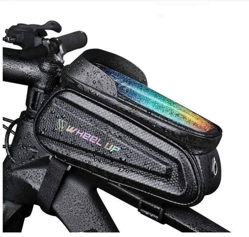 Black and grey EVA bicycle handlebar bag with reflective strips mounted on bike.