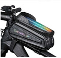 Black and grey EVA bicycle handlebar bag with reflective strips mounted on bike.